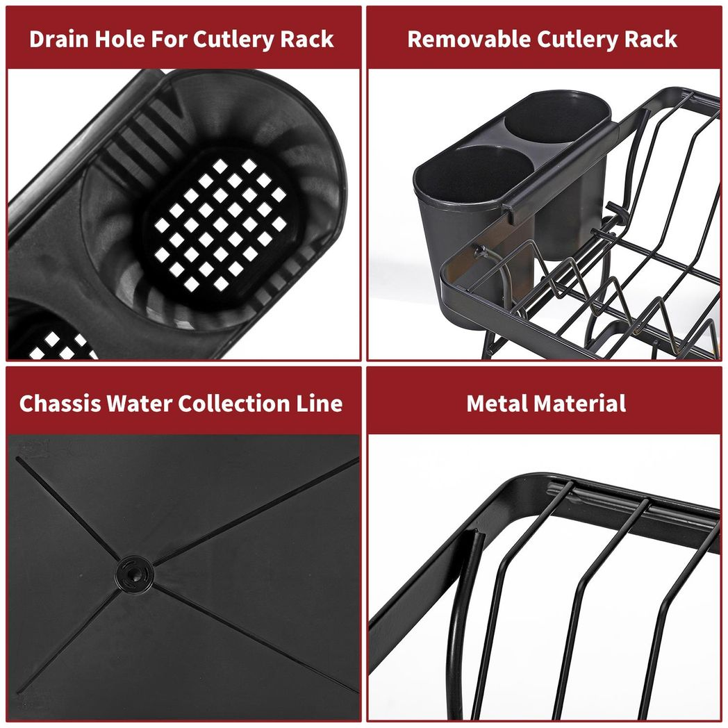 VINSANI 2-Tier Detachable Dish Drying Rack with Cutlery Holder – Space-Saving Kitchen Organiser, Black