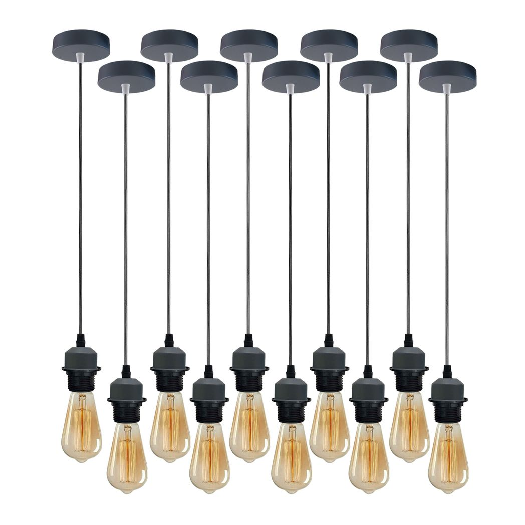 10 Pack Industrial Grey Pendant Light Holders with 95cm Cable – E27 Vintage Ceiling Fittings