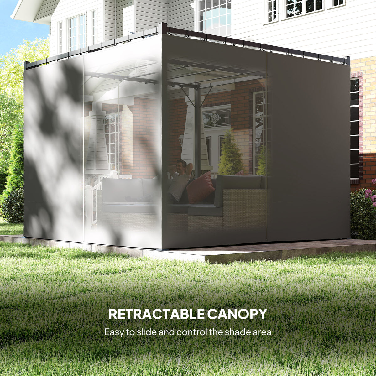 Outsunny 3x3m Retractable Pergola with PU Canopy & Privacy Curtains – Metal Frame Garden Shade, Light Grey