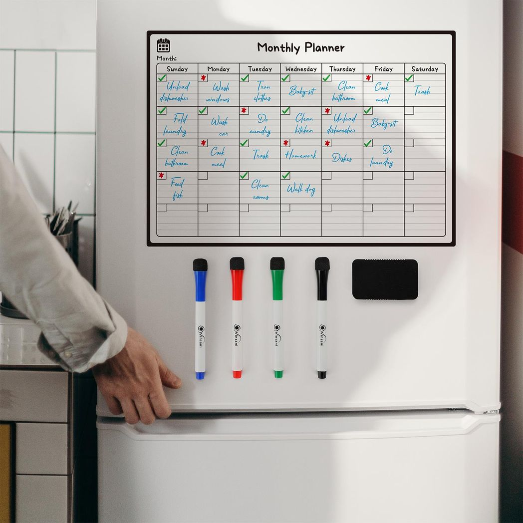 Vinsani Magnetic Monthly Planner Whiteboard with 4 Markers and Eraser – Home and Office Organiser