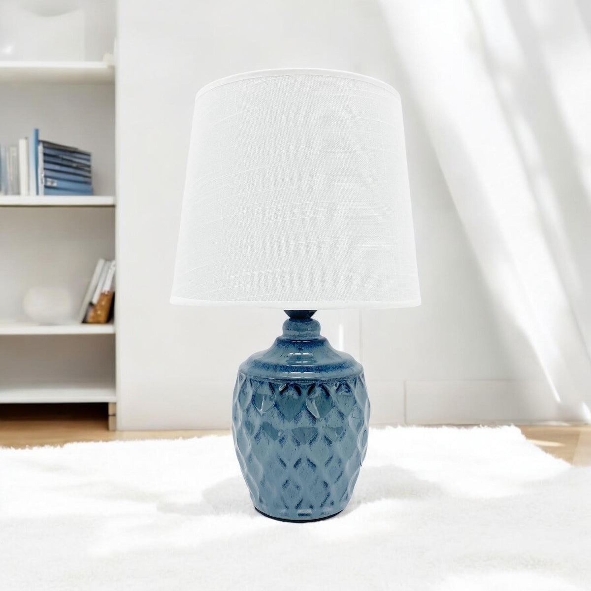 AcaciaHome 40cm Blue Ceramic Table Lamp with White Drum Shade – Corded 240V Home & Office Lighting