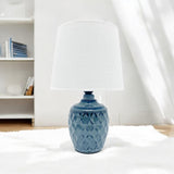 AcaciaHome 40cm Blue Ceramic Table Lamp with White Drum Shade – Corded 240V Home & Office Lighting