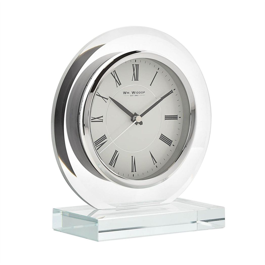 Wm. Widdop Round Glass Mantel Clock with Quartz Movement – Contemporary Shelf Clock with Clear Dial