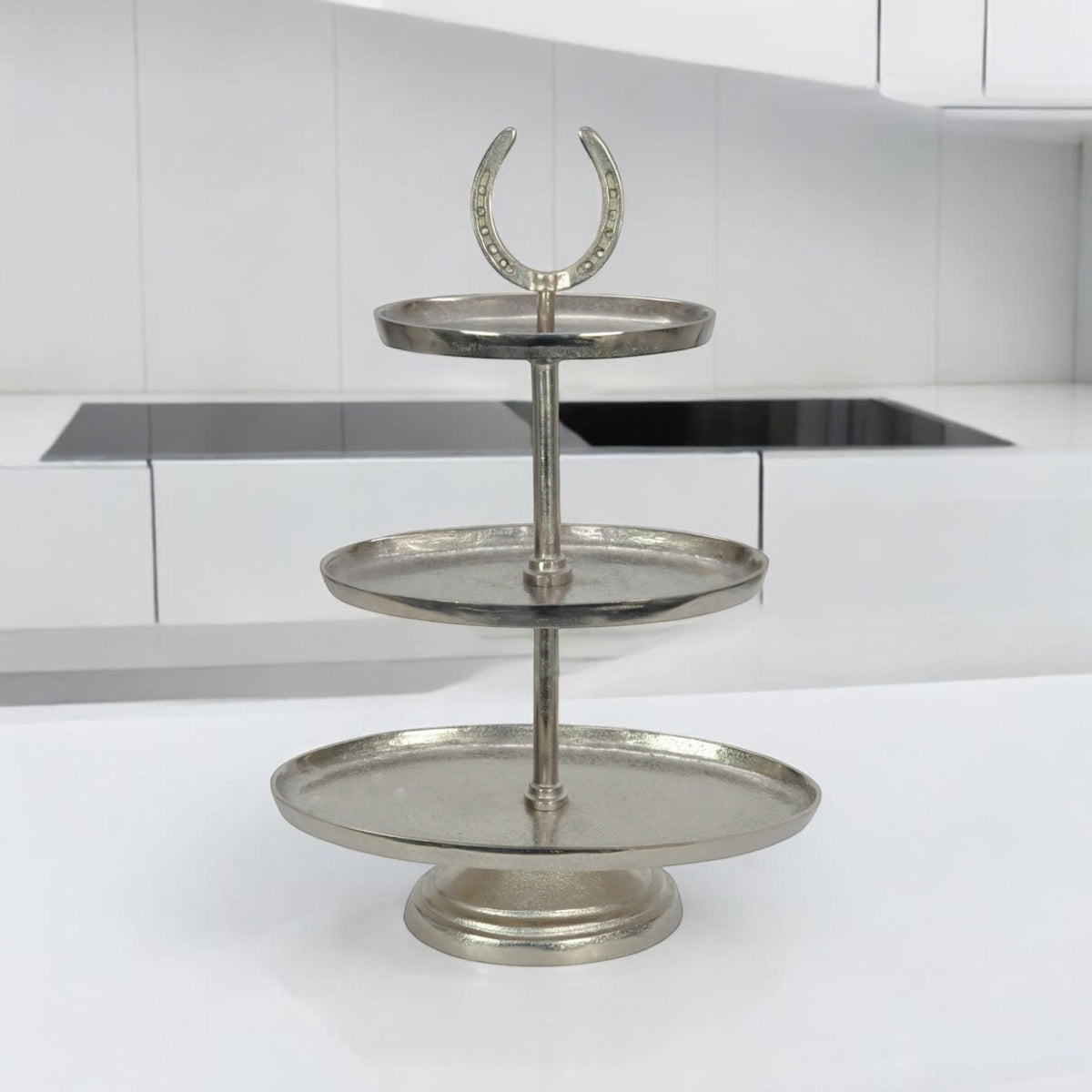 AcaciaHome Horseshoe 3-Tier Cake Stand with Glass Tiers & Nickel-Plated Frame – Art Deco Dessert Display
