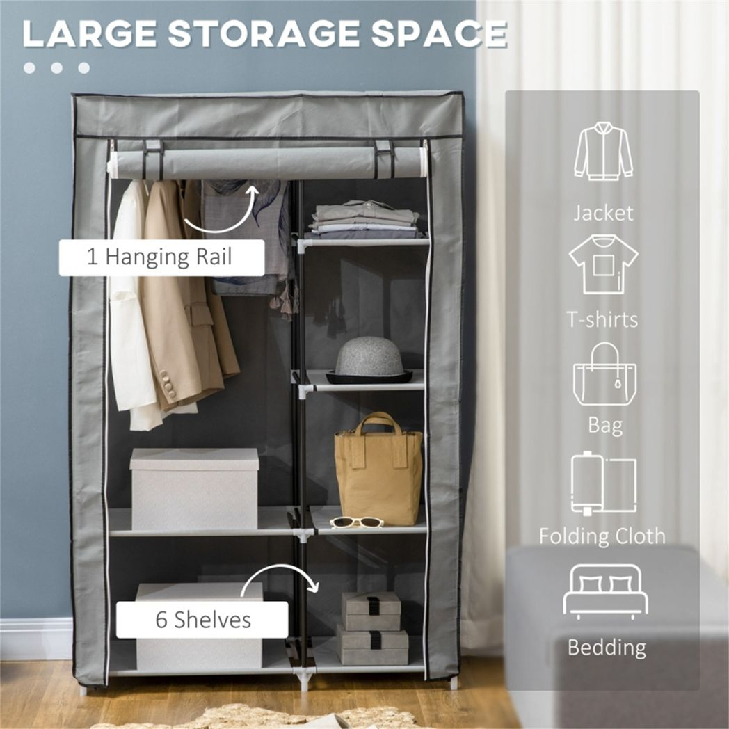 Chester Fabric Wardrobe with Hanging Rail, 6 Shelves and Roll-Up Door – Steel Frame Clothes Storage, Light Grey