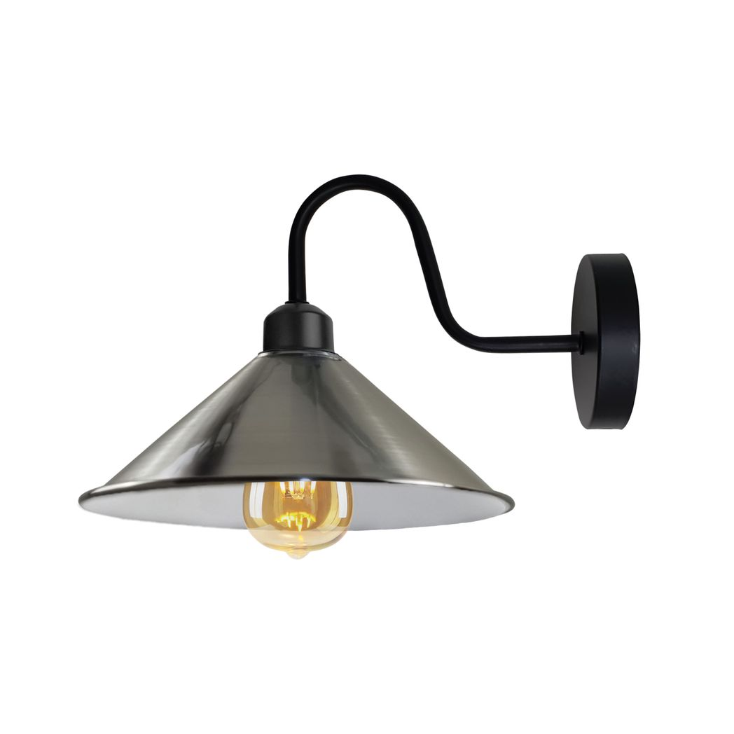 Vintage Swan Neck Wall Light with Cone Shade and E27 Socket – Dimmable Indoor Wall Sconce, Satin Nickel