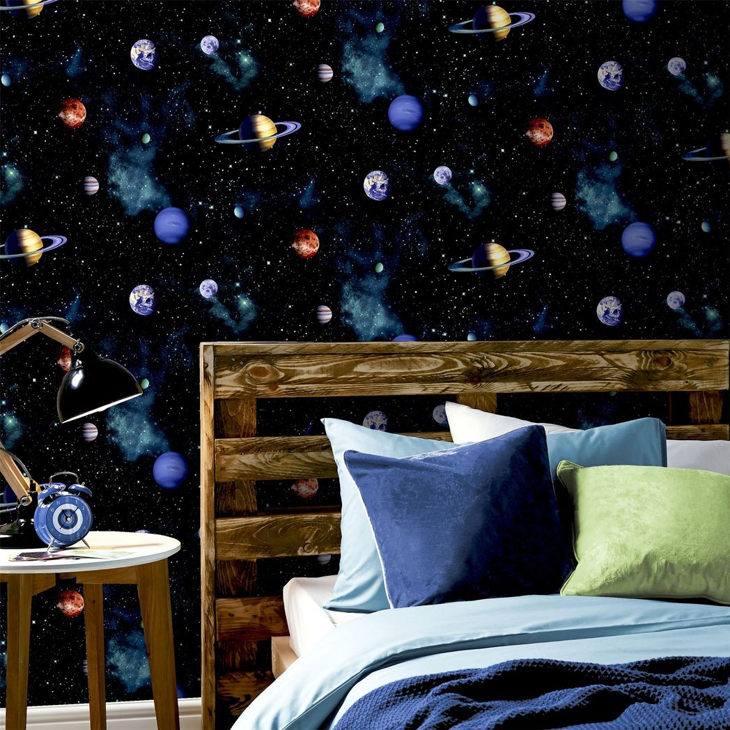 Arthouse Cosmos Space Wallpaper with Planets & Stars – 3D Photographic Effect Kids Room Covering, Charcoal