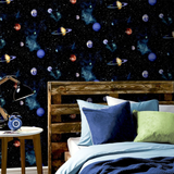 Arthouse Cosmos Space Wallpaper with Planets & Stars – 3D Photographic Effect Kids Room Covering, Charcoal