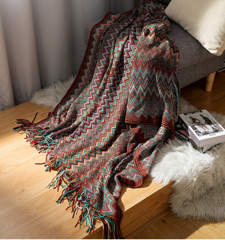Aztec Boho Woven Blanket with Chevron Design – Soft Throw for Sofa and Bed