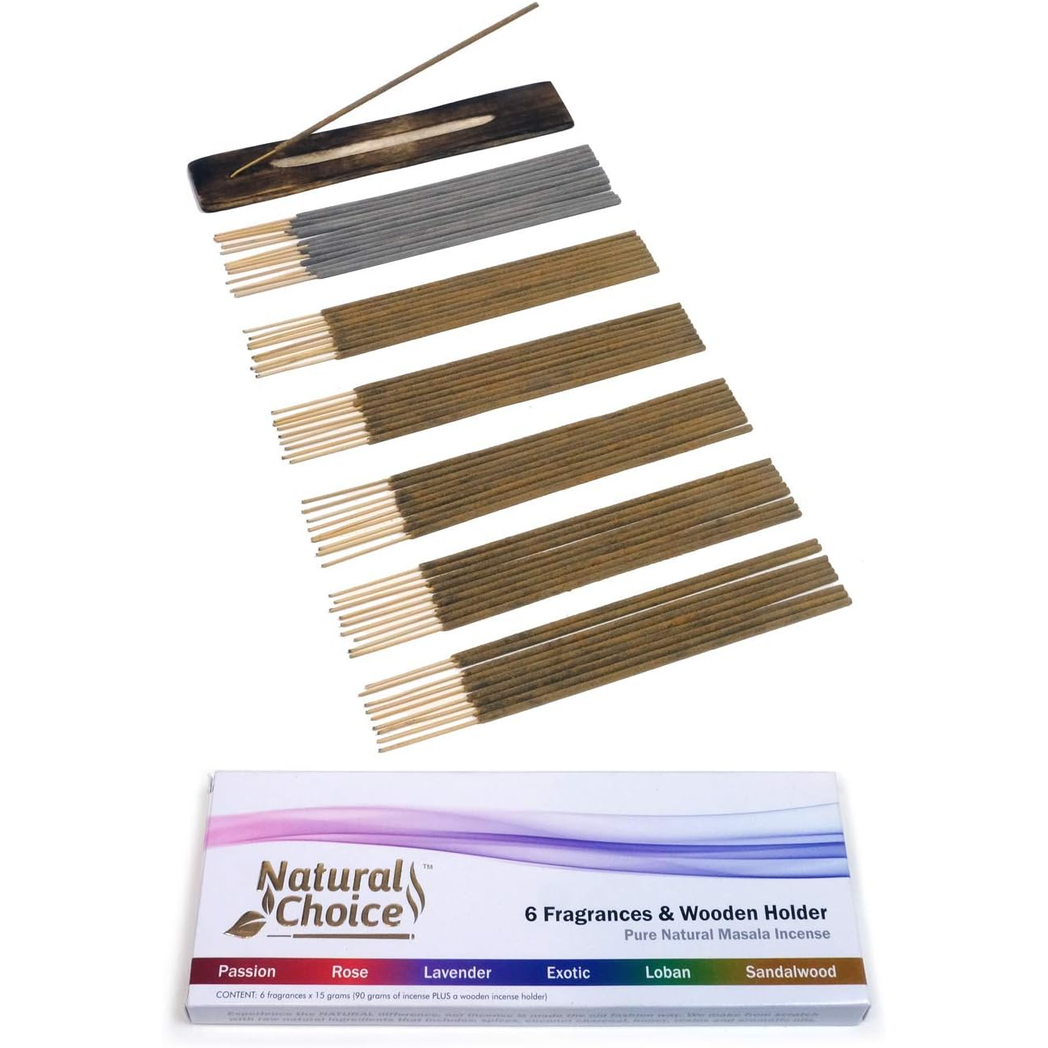Natural Choice Incense 6 Fragrance Incense Stick Gift Pack with Burner
