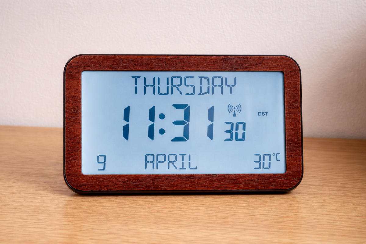 Avilo Backlit Full Disclosure Radio Controlled Clock with 6 Languages – Easy-to-Read 2.5 cm Digits, Wood