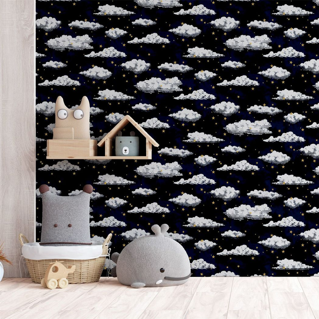 Arthouse Stars and Clouds Wallpaper with Gold Metallic Stars – Children's Nursery Design, Navy