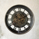 AcaciaHome 60cm Industrial Roman Numeral Wall Clock with Moving Gears – Quartz, Black & Grey
