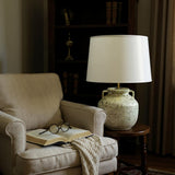 AcaciaHome Cream Ceramic Table Lamp with Drum Shade – Durable Striped Design, Handmade Shade