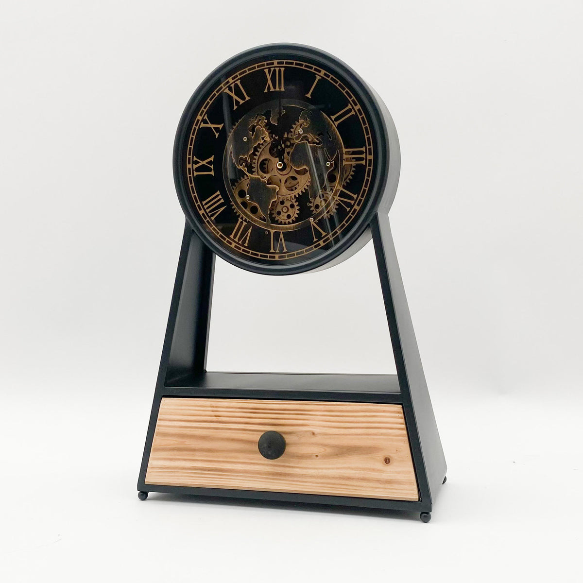 AcaciaHome Black & Gold Mantel Gear Clock with Silent Sweep Moving Gears – Mid-Century Modern Metal Design