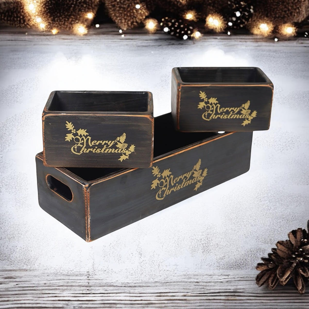 AcaciaHome Vintage Wooden Merry Christmas Storage Crate Set with Sturdy Handles – Festive Rustic Decor