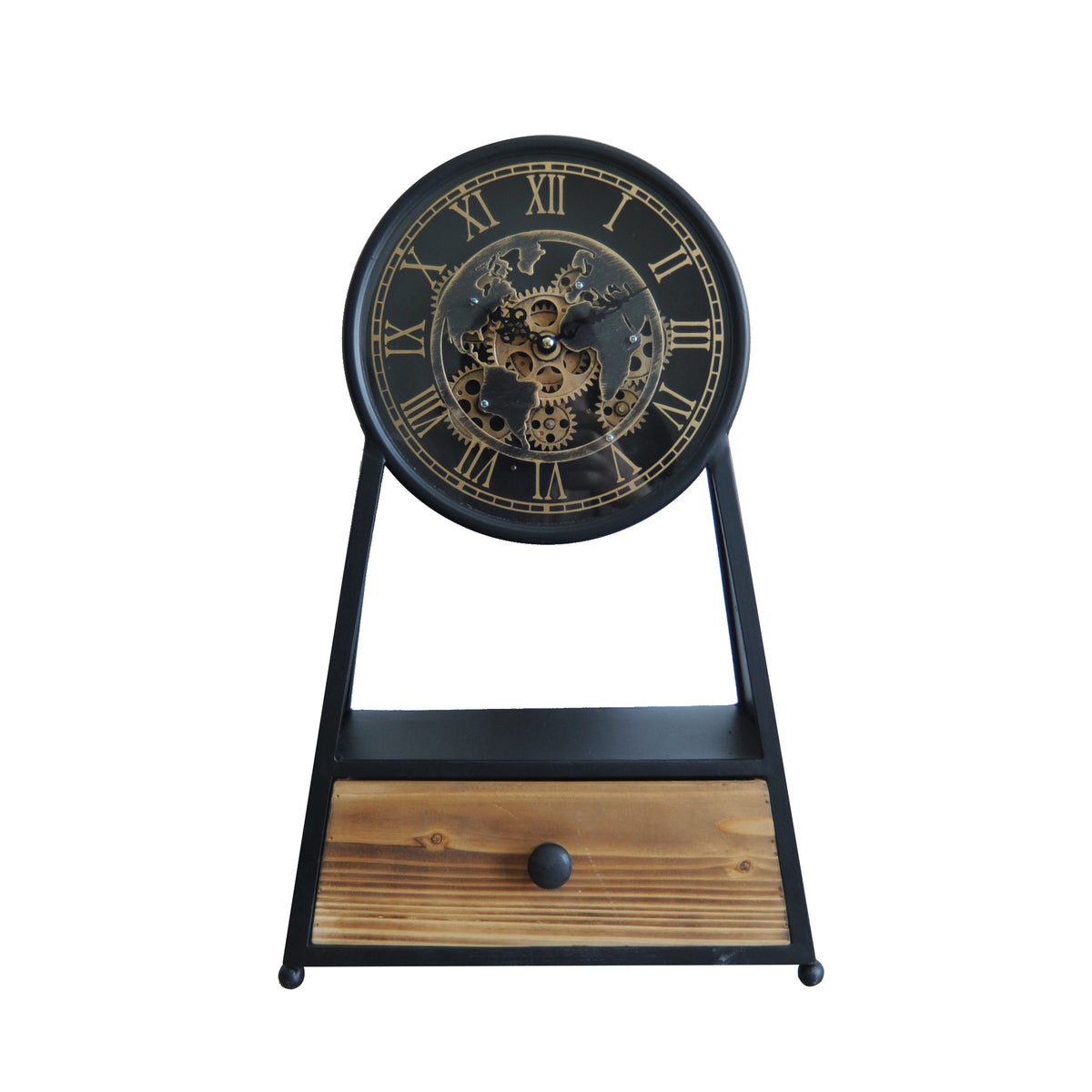 AcaciaHome Black & Gold Mantel Gear Clock with Silent Sweep Moving Gears – Mid-Century Modern Metal Design