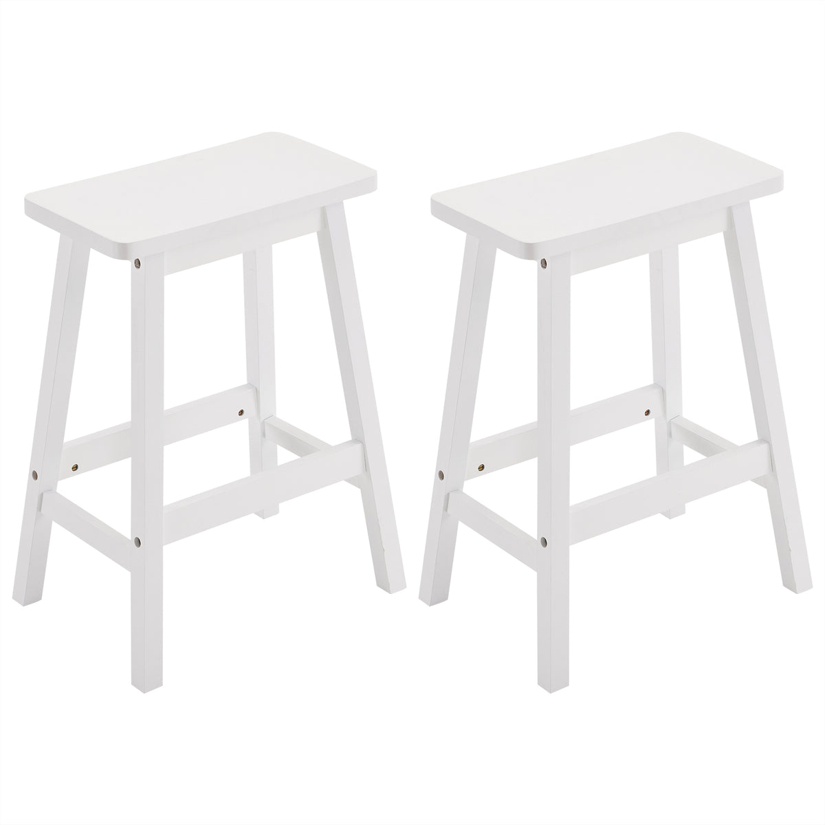Set of 2 Pine Wood Saddle Seat Bar Stools with Footrests – Counter Height Kitchen and Home Bar Seating, White