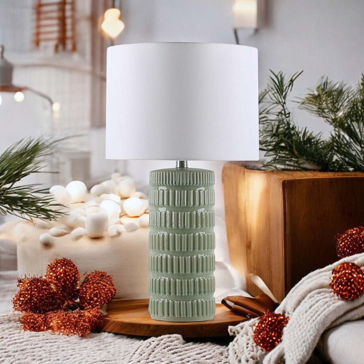 Cream Ceramic Striped Table Lamp with Handmade Drum Shade – Living Room & Bedroom Lighting