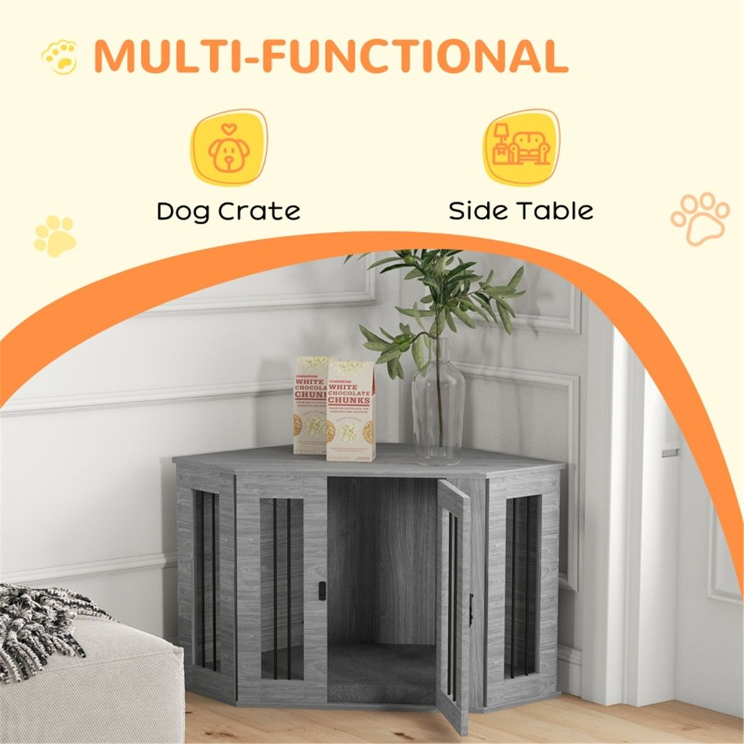 Dog Crate Furniture Side Table with Cushion & Large Entrance – For Medium Dogs up to 20kg, Grey