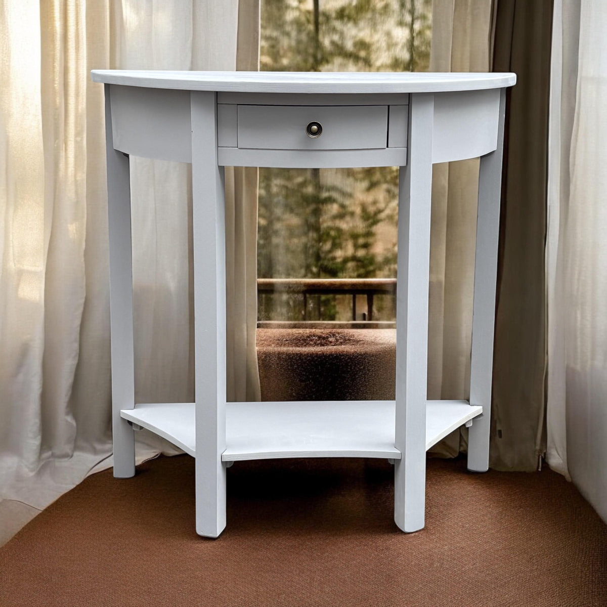 Art Deco 1 Drawer Semicircle Console Table with Satin Knob Handle – Medium Wood Tone Hallway Storage, Grey