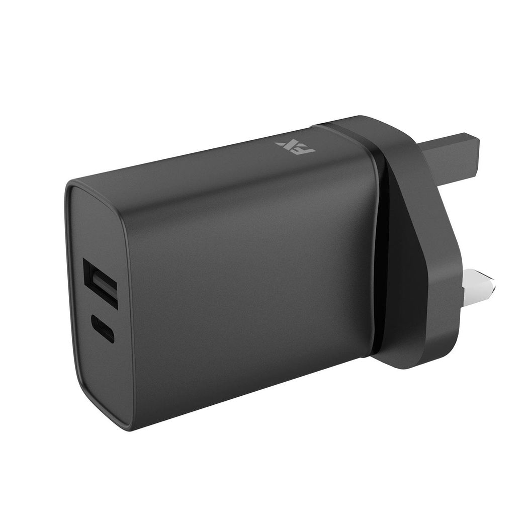 FX Dual UK Mains Charger with USB-C and USB-A Ports – Compact 2-Port Travel Wall Plug, White