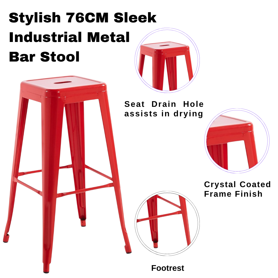 76 cm Industrial Metal Bar Stool with Steel Frame – Sturdy Seating for Kitchen Islands and Home Bars, Red
