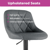Neo Madrid Set of 2 Swivel Fabric Bar Stools – Gas Lift, Quilted Seat, Dark Grey