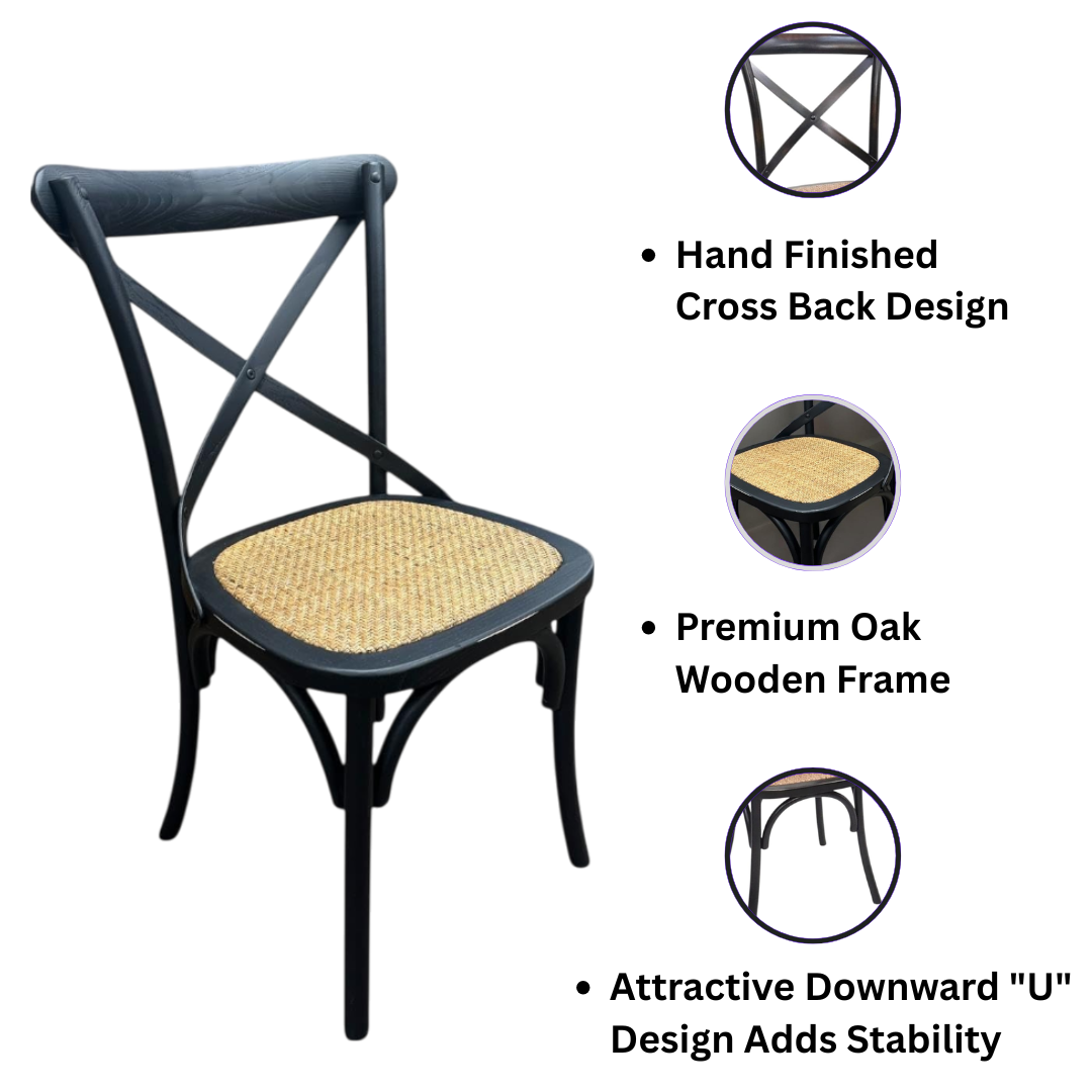 MSL Hand-Finished Oak Wooden Cross Back Café Chair with Woven Rattan Seat – Dining & Bistro Seating, Black