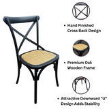 MSL Hand-Finished Oak Wooden Cross Back Café Chair with Woven Rattan Seat – Dining & Bistro Seating, Black