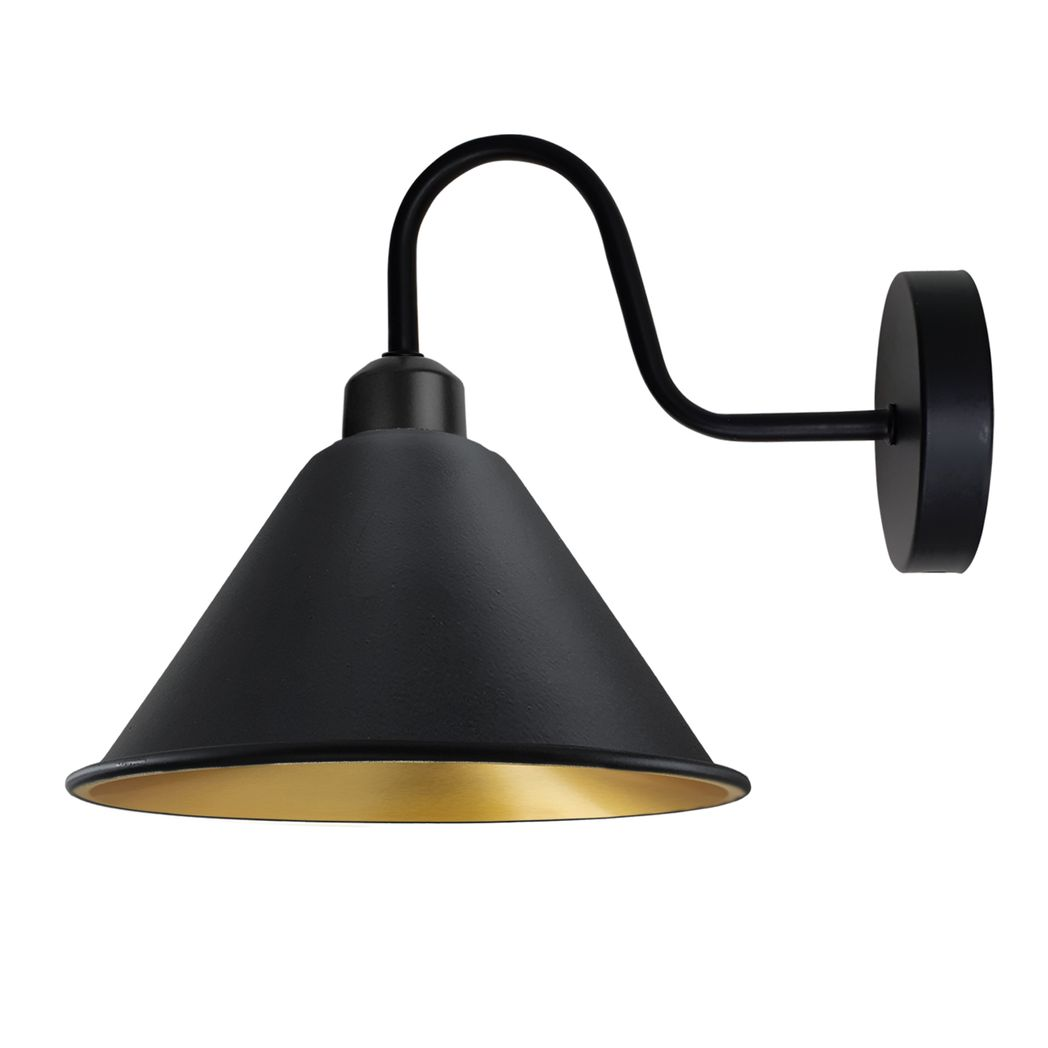 Vintage Cone Wall Light with Swan Neck Arm & E27 Socket – Dimmable Metal Sconce, Black and Gold