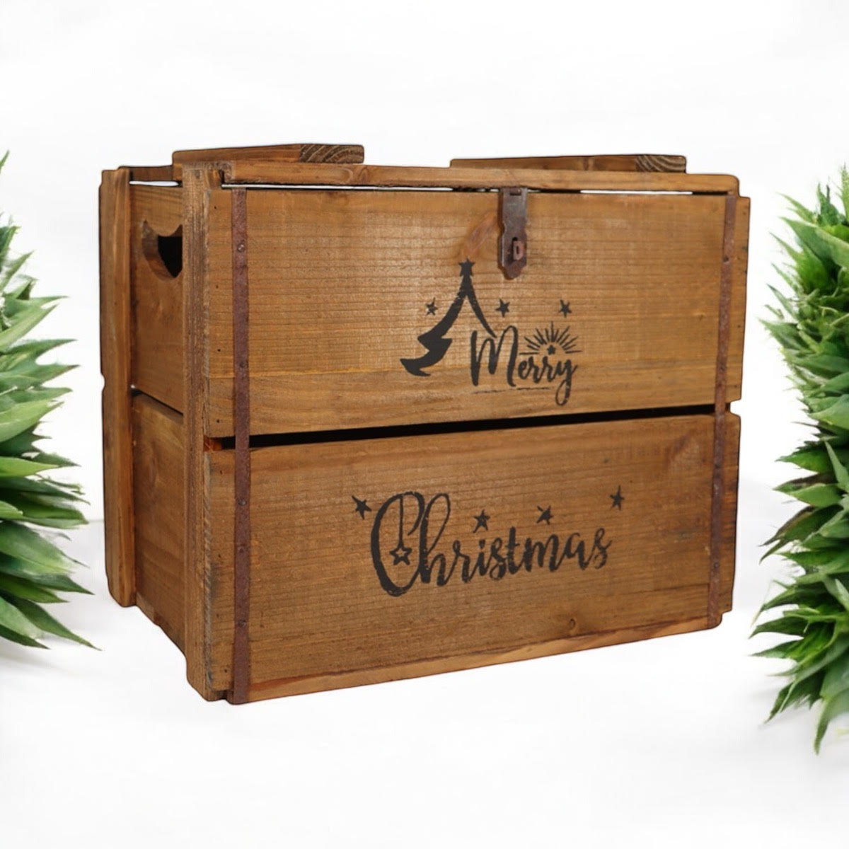 AcaciaHome Rustic Merry Xmas Wooden Storage Crate with Carry Handles – Christmas Eve Box, Vintage Brown