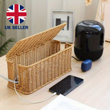 Wicker-Style Cable Management Box with Hinged Lid – Rattan-Effect Plug Socket and Power Strip Cover Organiser