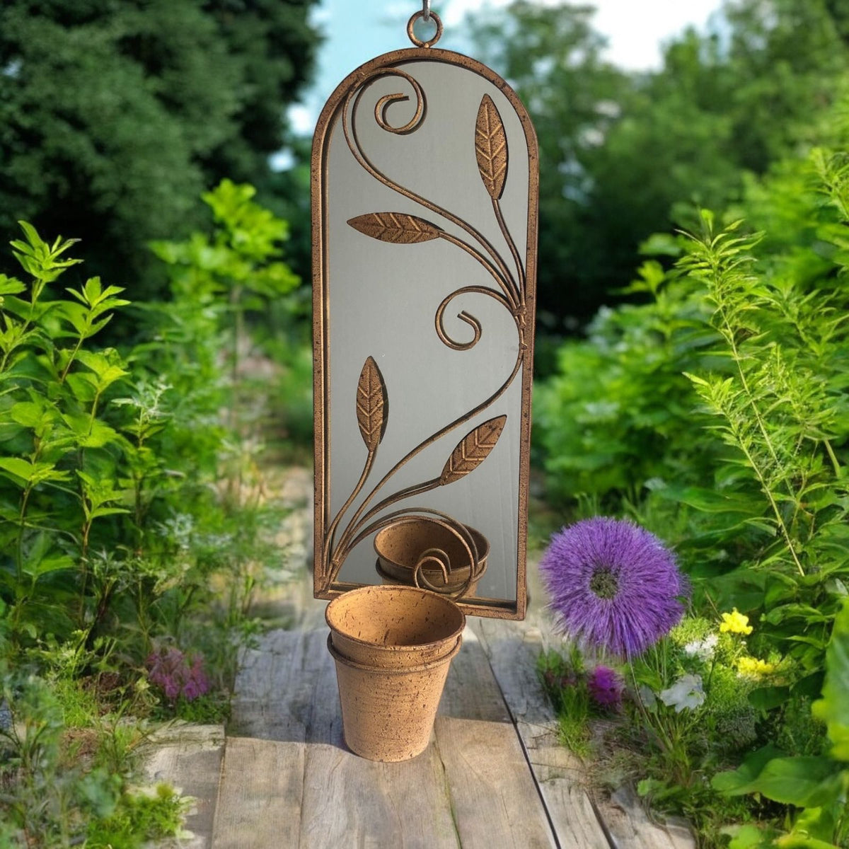 Rusty Arched 60cm Metal Garden Wall Mirror with Planter