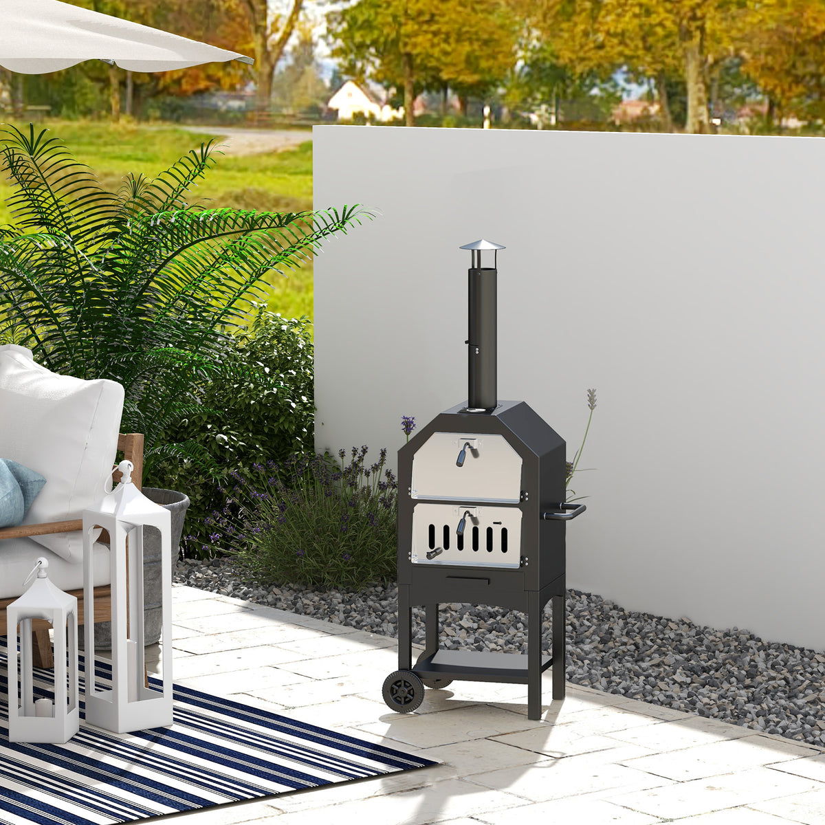 Outsunny Stainless Steel Charcoal Pizza Oven with Thermometer, Chimney & Wheels – Outdoor Garden Oven