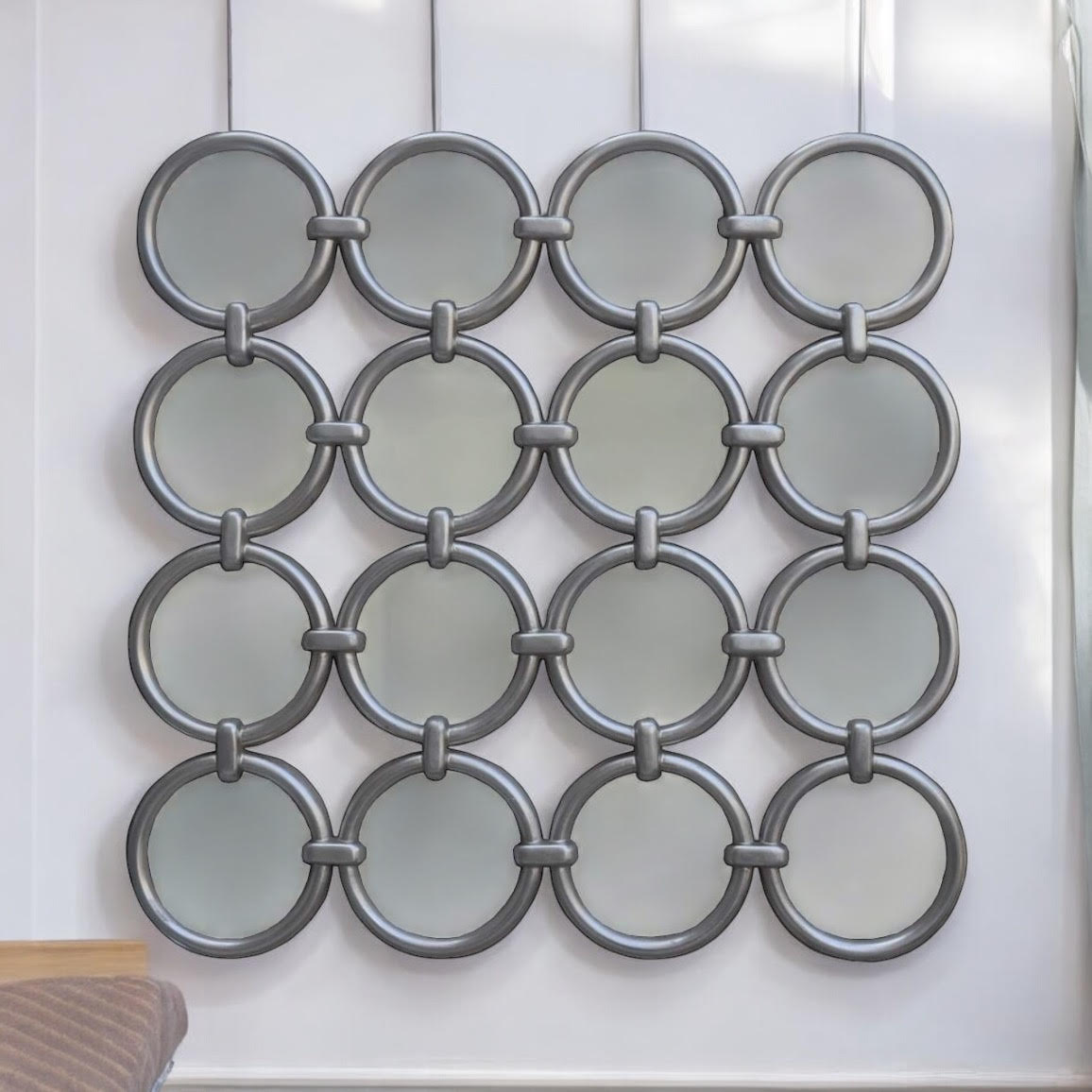 118 x 118cm Silver Frame Wall Mirror – Handcrafted Hand Finished Design with Hanging Hook