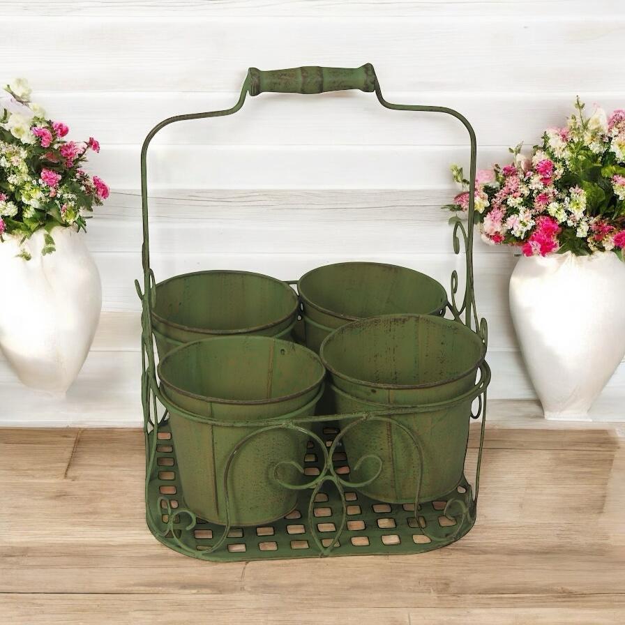 AcaciaHome 4 Pot Metal Plant Stand Display Rack – Double Plant Pot Basket Holder for Indoor & Outdoor Use