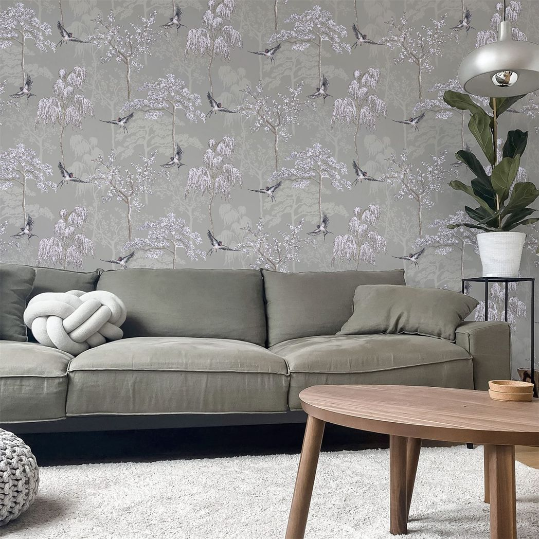 Arthouse Japanese Garden Wallpaper with Oriental Trees & Birds – Pearlescent Paste the Paper, Grey