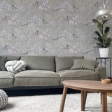 Arthouse Japanese Garden Wallpaper with Oriental Trees & Birds – Pearlescent Paste the Paper, Grey