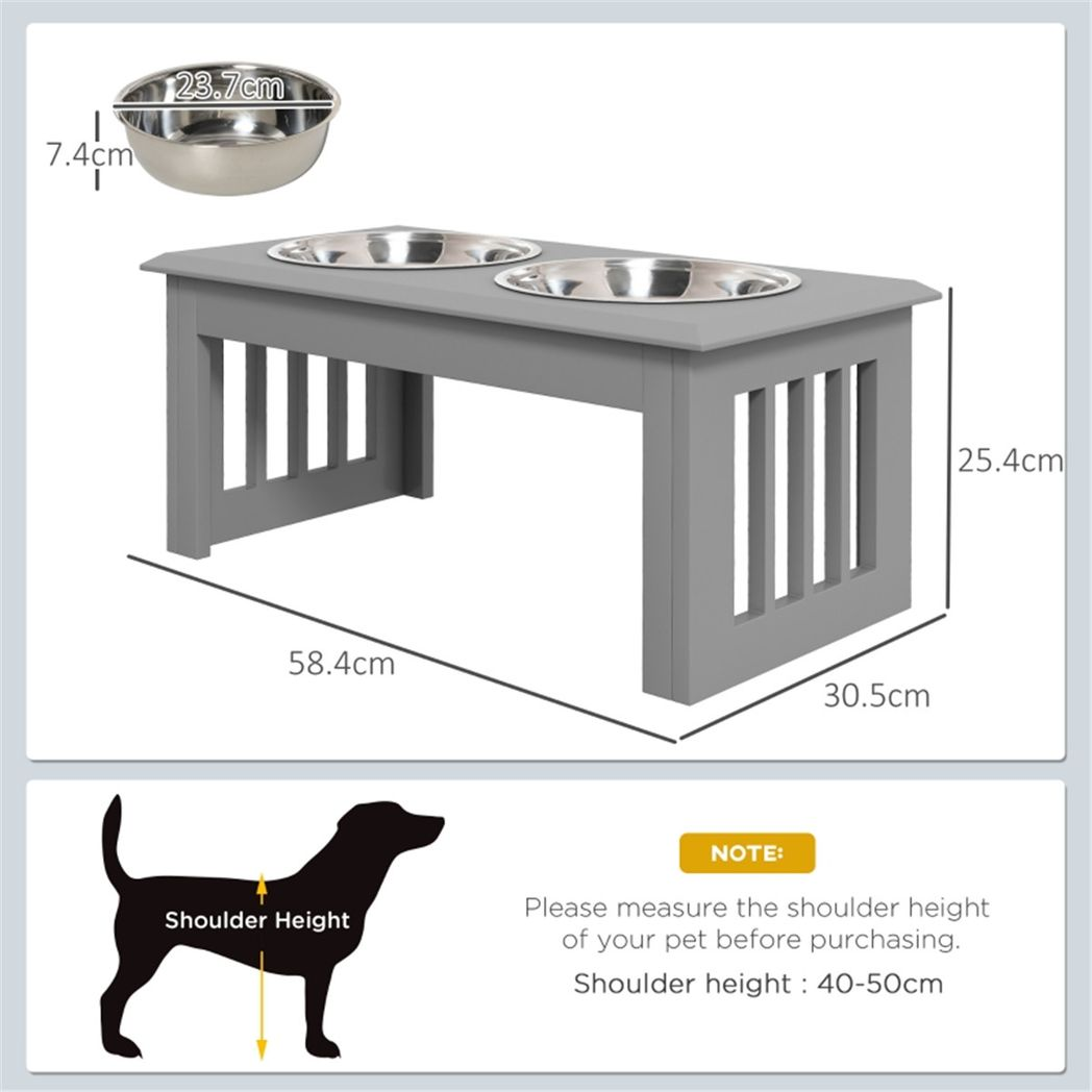 PawHut Elevated Dog Bowls with Stainless Steel Double Bowls & Anti-Slip Feet – Raised Pet Feeder Stand, Grey