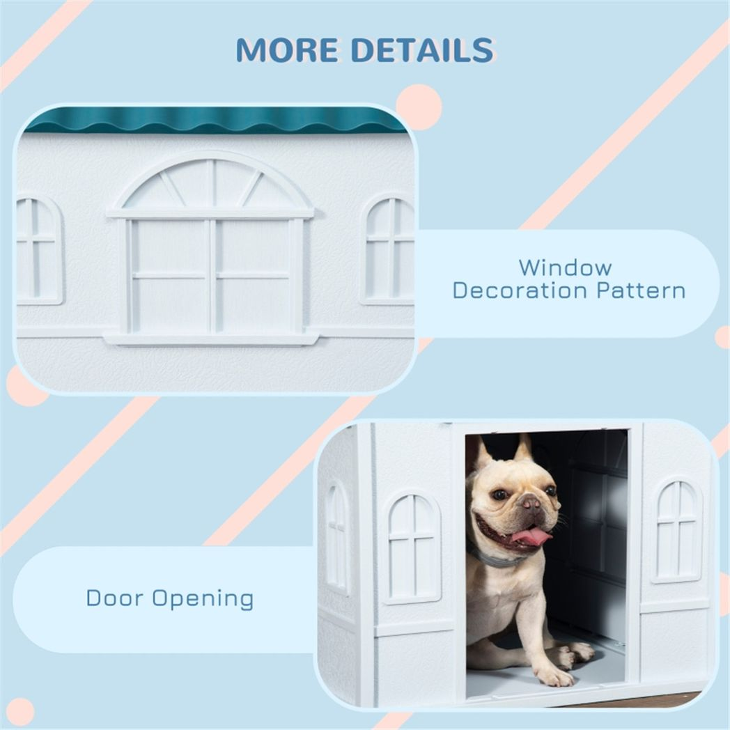 Plastic Dog Kennel House for Medium Dogs with Water-Resistant Surface & Cottage Windows – Blue and White