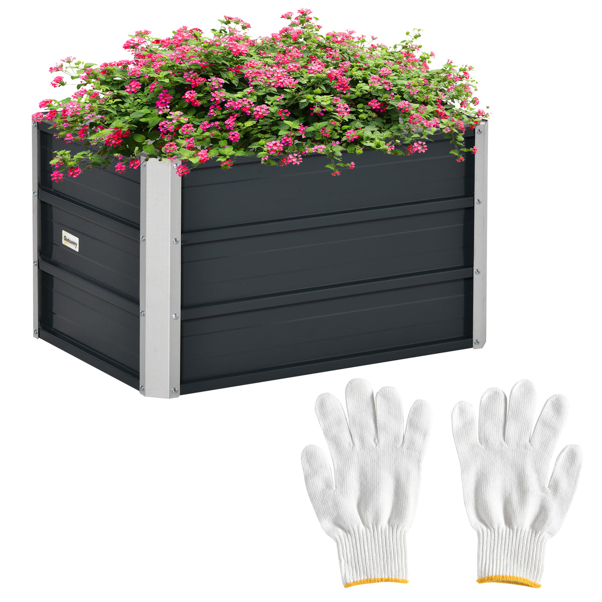 Outsunny Raised Garden Bed with Rustproof Metal Frame & Gloves – Elevated Planter Box, Grey