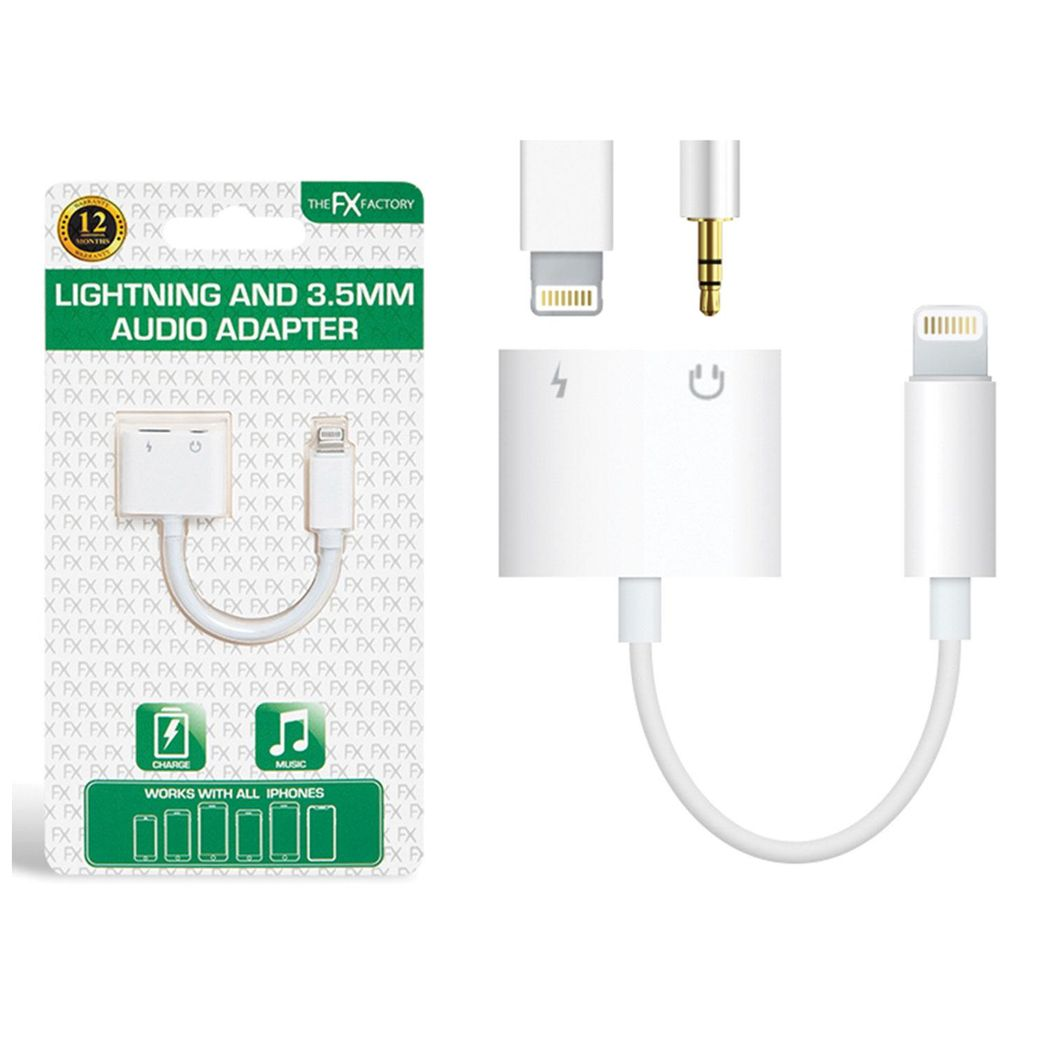 FX Factory Lightning and 3.5mm Audio Adapter – Charge and Listen at Once, Plug and Play, White