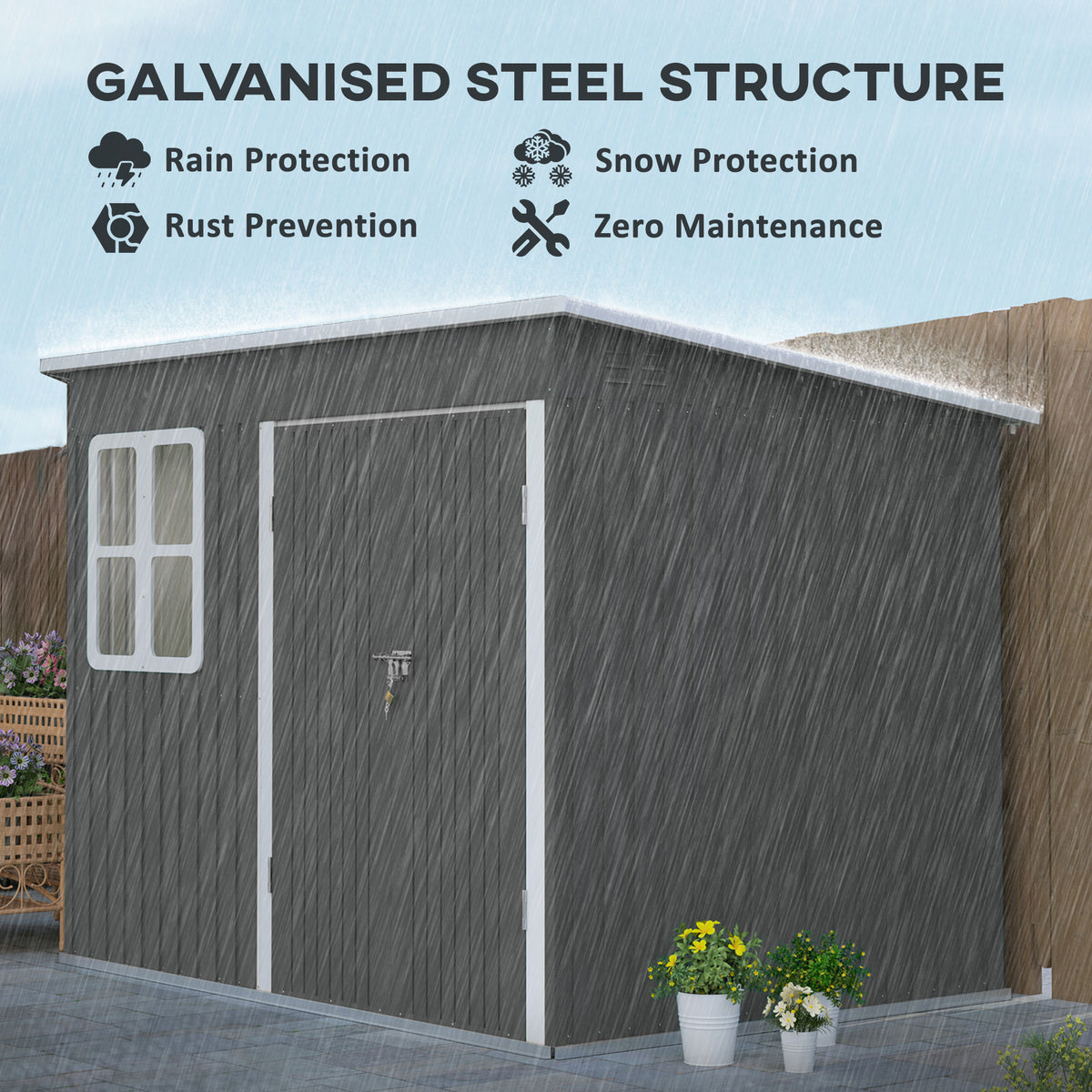 Outsunny 8.5x6ft Galvanised Steel Garden Shed with Foundation Kit, Window & Vents – Lockable Storage, Dark Grey