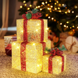 Set of 3 Golden Gift Box Christmas Decorations with Lights, 6, 8 and 10 Inch, 5M Cord – Indoor and Outdoor