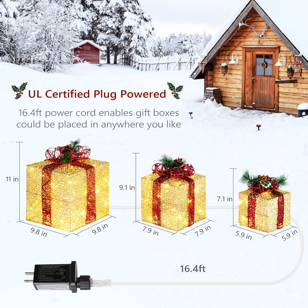 Set of 3 Golden Gift Box Christmas Decorations with Lights, 6, 8 and 10 Inch, 5M Cord – Indoor and Outdoor