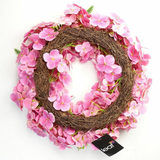 Leaf 40cm Artificial Pink Blossom Floral Wreath – Natural Woven Base, Door Decoration
