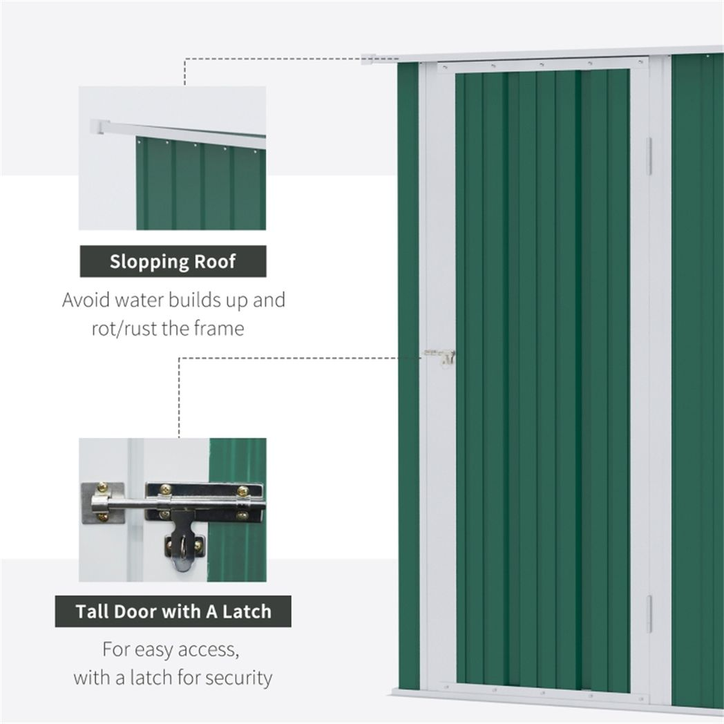 Metal Garden Storage Shed with Sloped Roof & Latched Door – Steel Tool, Bike & Bin Store, 142 x 84cm, Green