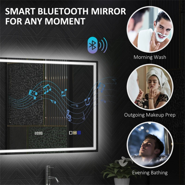 Home&Me LED Bathroom Mirror 80 x 60cm with Bluetooth Speaker, Clock & Demister – Silver, Dimmable