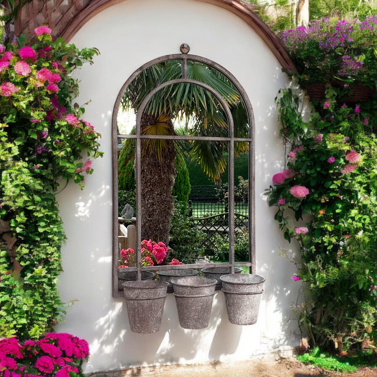 AcaciaHome Vintage Rusty Metal Wall Mirror with Triple Planter 3 Pots Holder – 70cm Arch Design